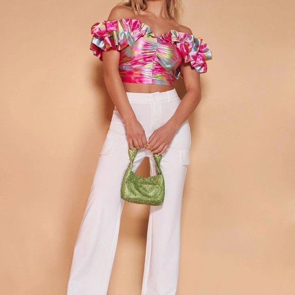 Pink Boho Womens Off Shoulder Ruffle Trim Ruched Bustier Crop Top - Picture 3 of 5